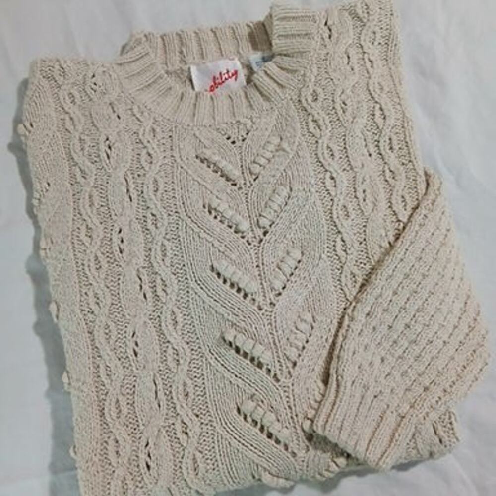 VTG Mobility Small Long-Sleeved Ecru Silk/Cotton Blend Cable-Knit Sweater